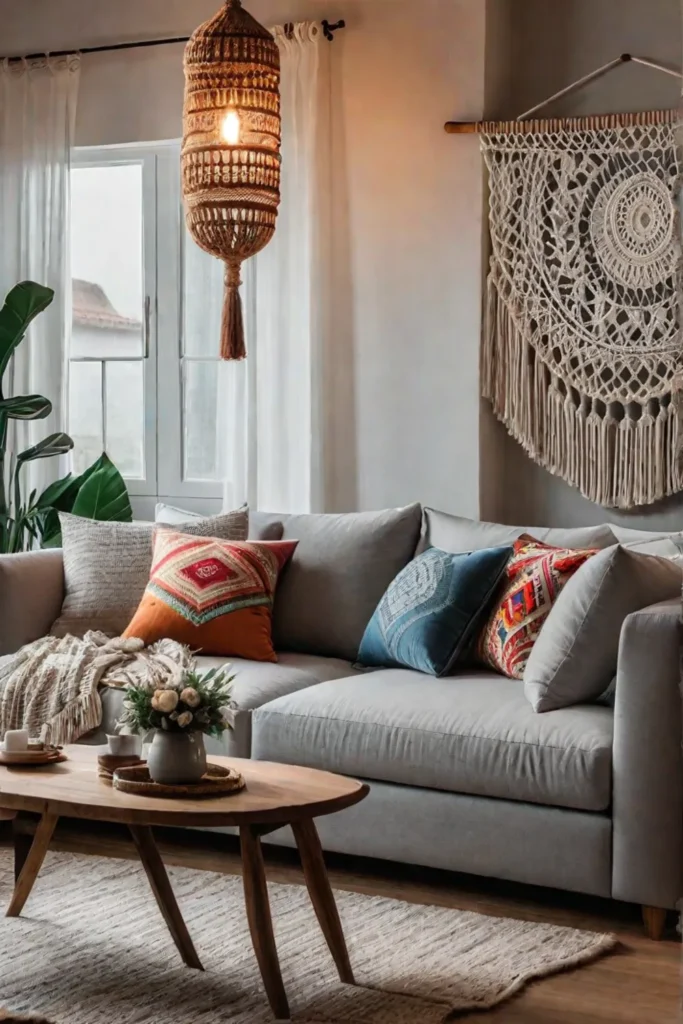 Bohemian living room with macrame wall hanging and textiles