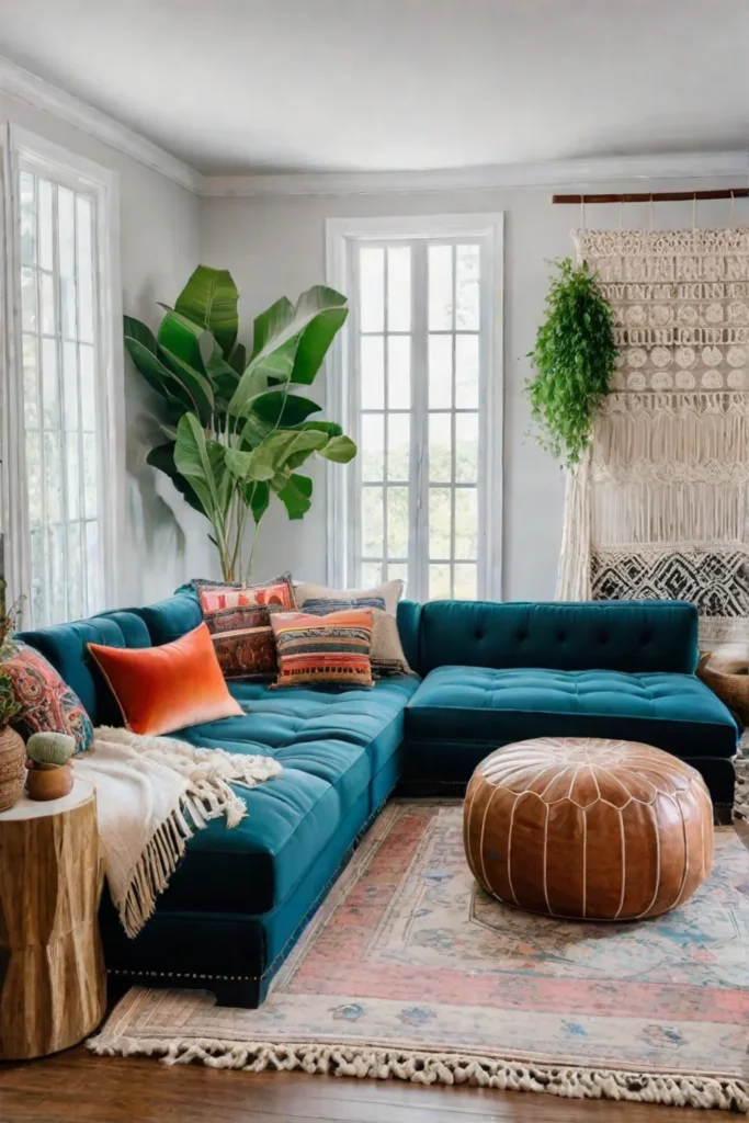 Bohemian living room with poufs and a platform sofa