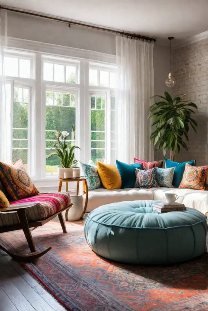 Bohemian living room with thrifted textiles and floor cushions