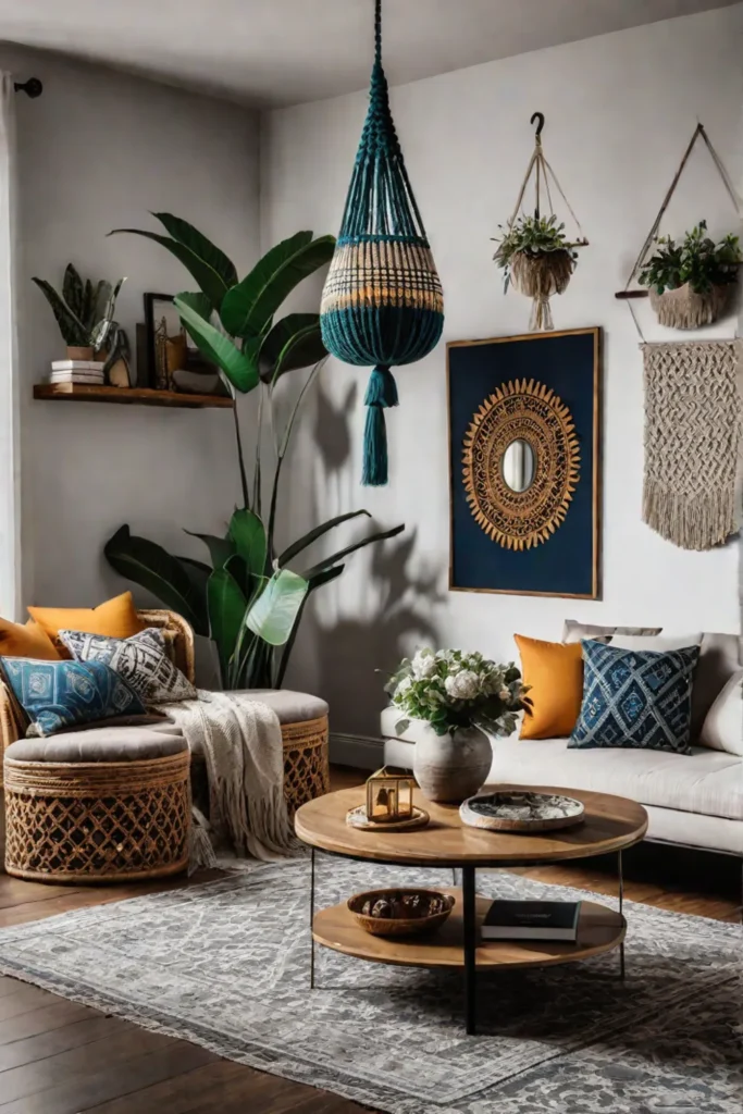 Bohemian wall decor in a living room