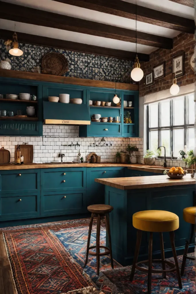 Bohemianinspired luxury kitchen with eclectic patterns and vibrant colors