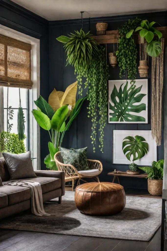 Botanical living room with plant wall