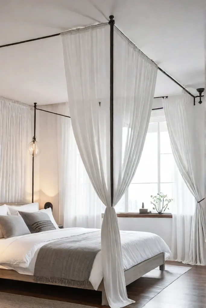 Bright and airy minimalist bedroom with canopy bed