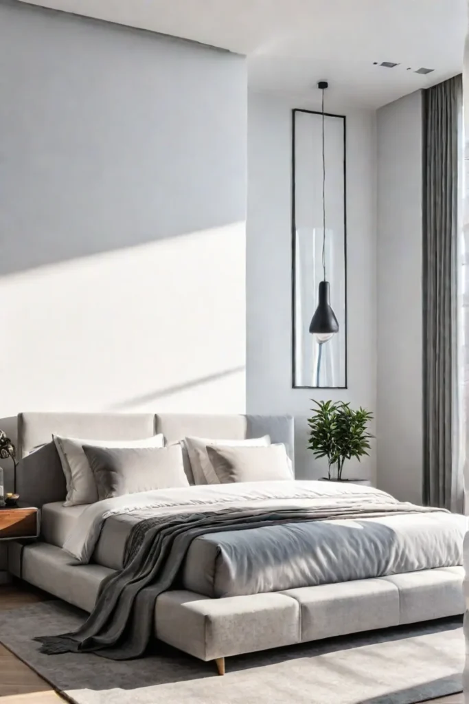 Bright and airy minimalist bedroom with white and gray