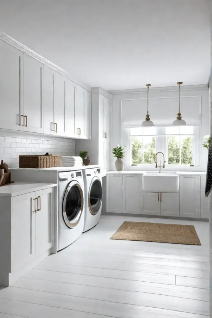 Bright laundry room with white cabinets