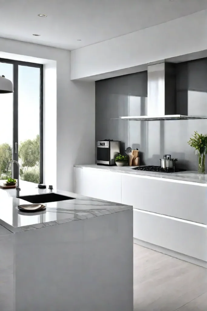 Bright modern kitchen with white quartz countertops