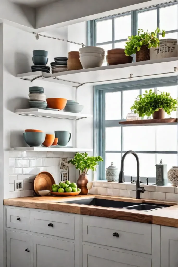 Budgetfriendly kitchen with open shelving and vintage rug