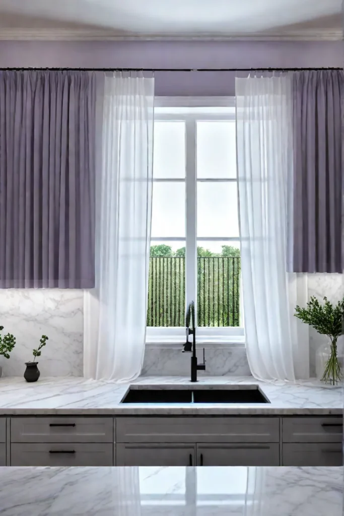 Calming kitchen with lavender walls white marble countertops and natural light