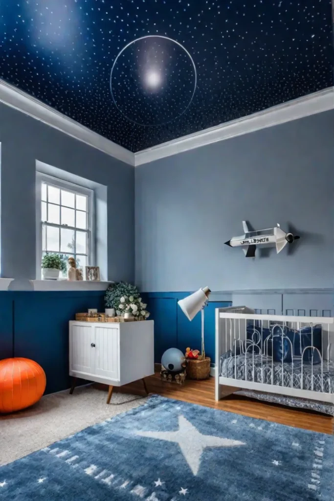 Celestial playroom design with galaxy mural and telescope