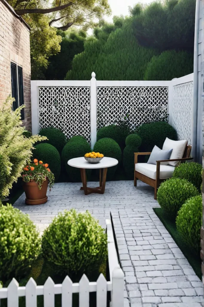 Charming backyard patio with brick floor and picket fence