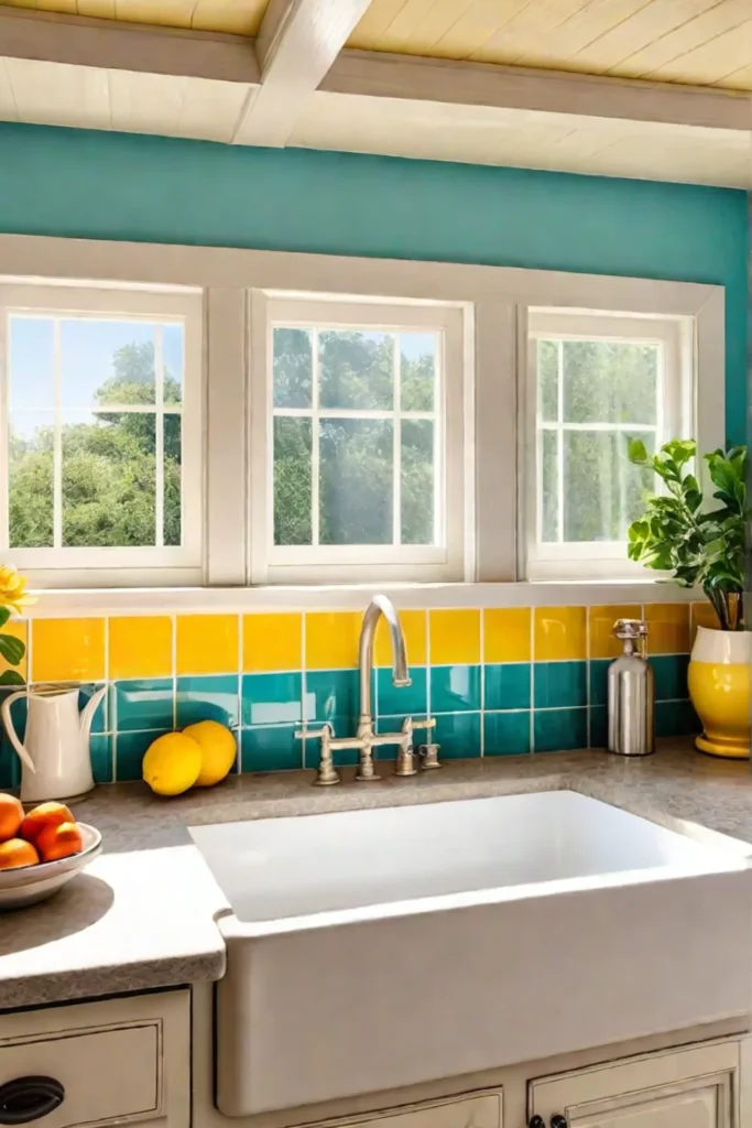 Cheerful kitchen with vintage hardware and colorful backsplash