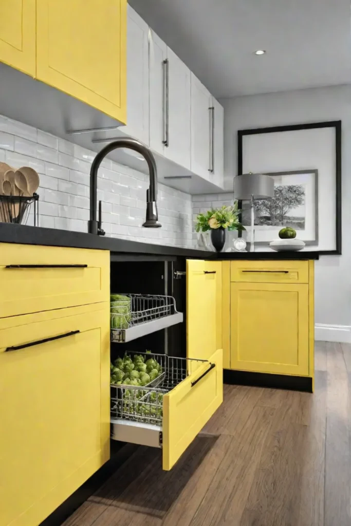 Cheerful kitchen with yellow cabinets ceramic knobs and organized storage solutions