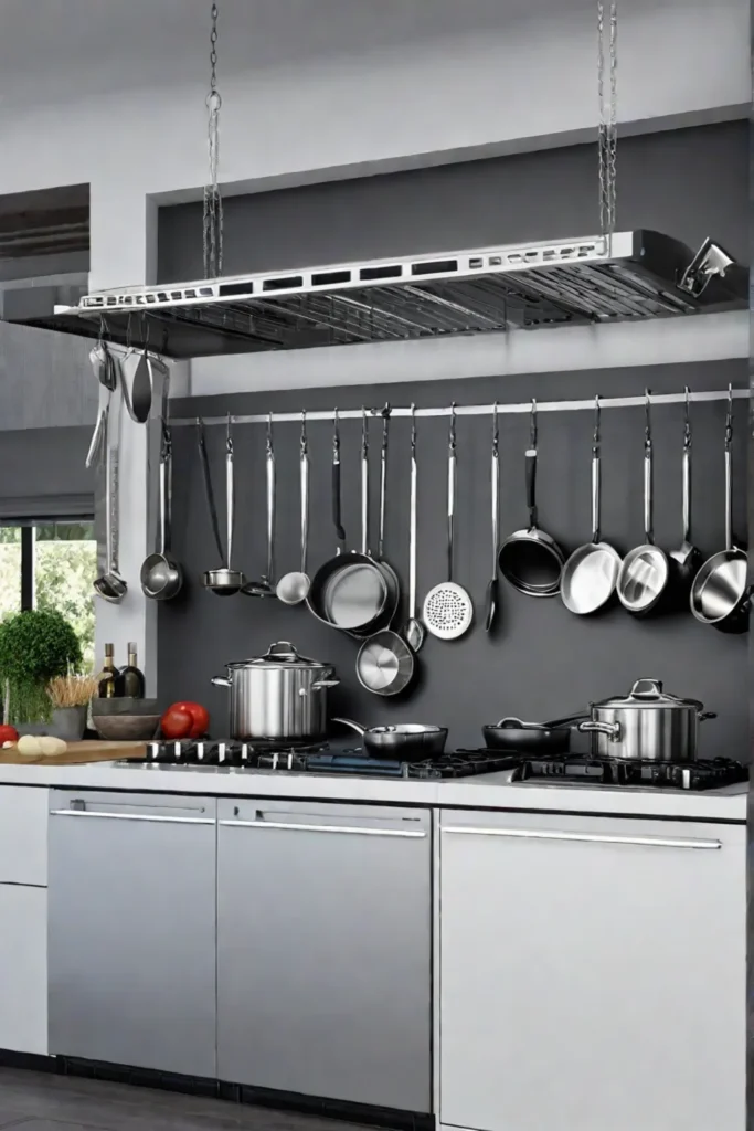 Chefs kitchen with large hanging pot rack and professional appliances