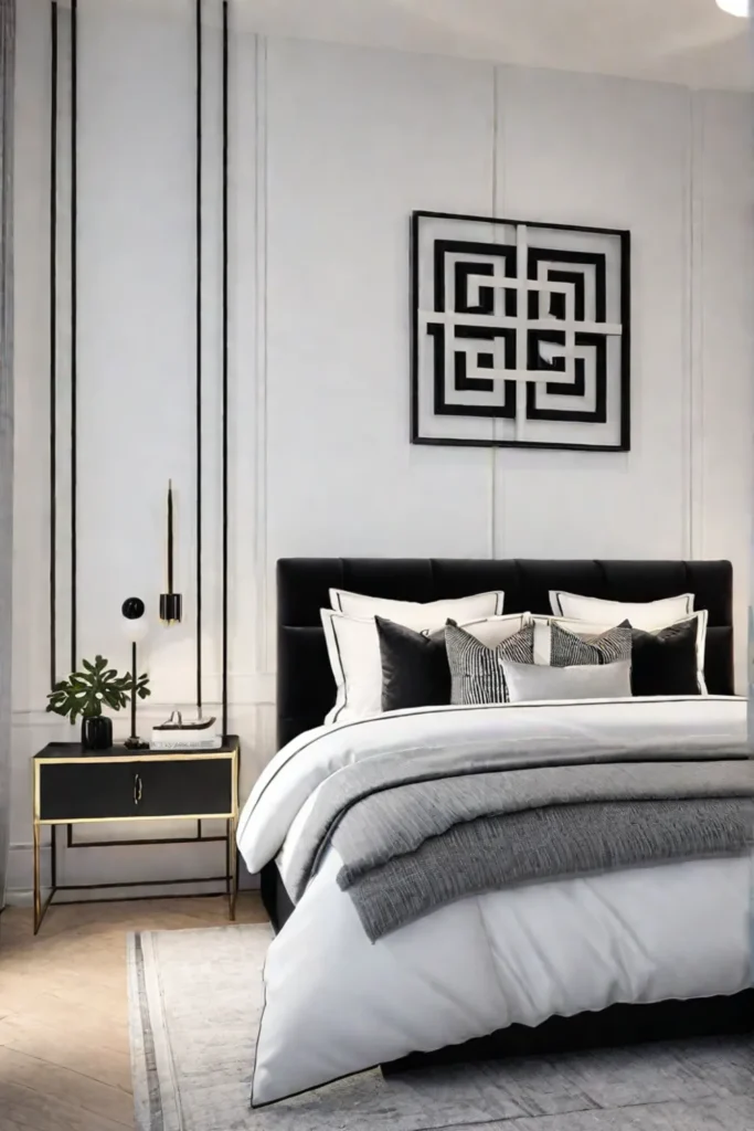 Chic and modern minimalist bedroom with geometric headboard