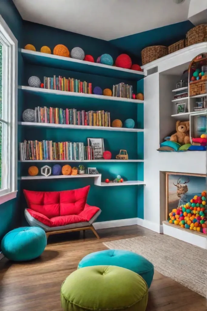 Childs playroom with reading nook and climbing wall