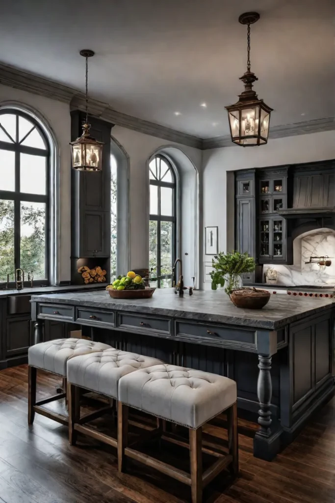 Classic kitchen with dark soapstone countertops and traditional decor