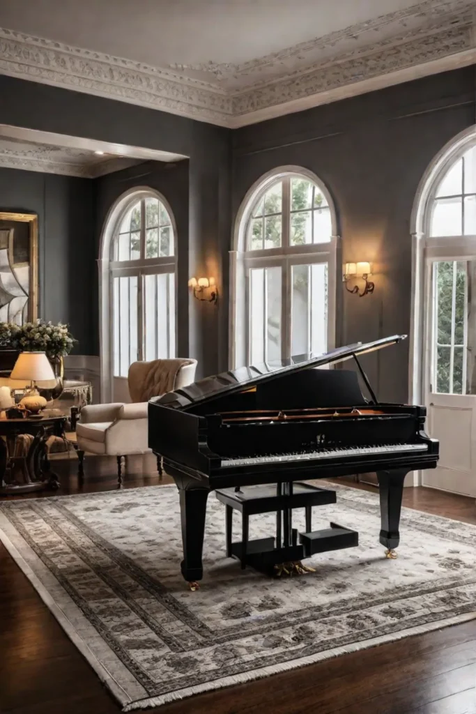 Classic living room with grand piano and antique furniture