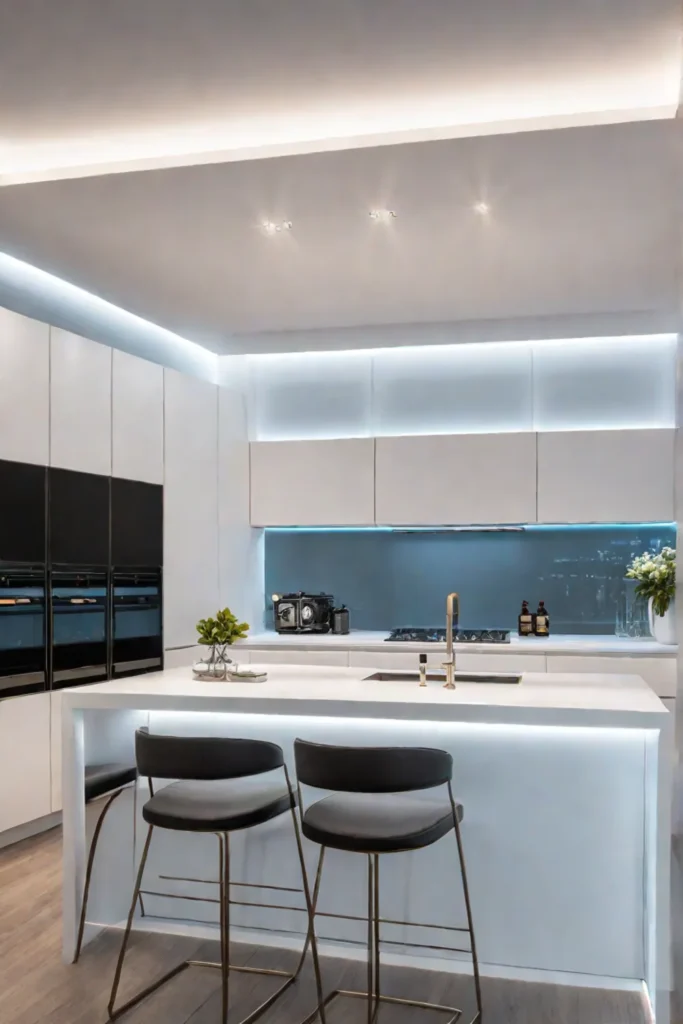 Clean and modern kitchen with layered lighting emphasizing the minimalist design