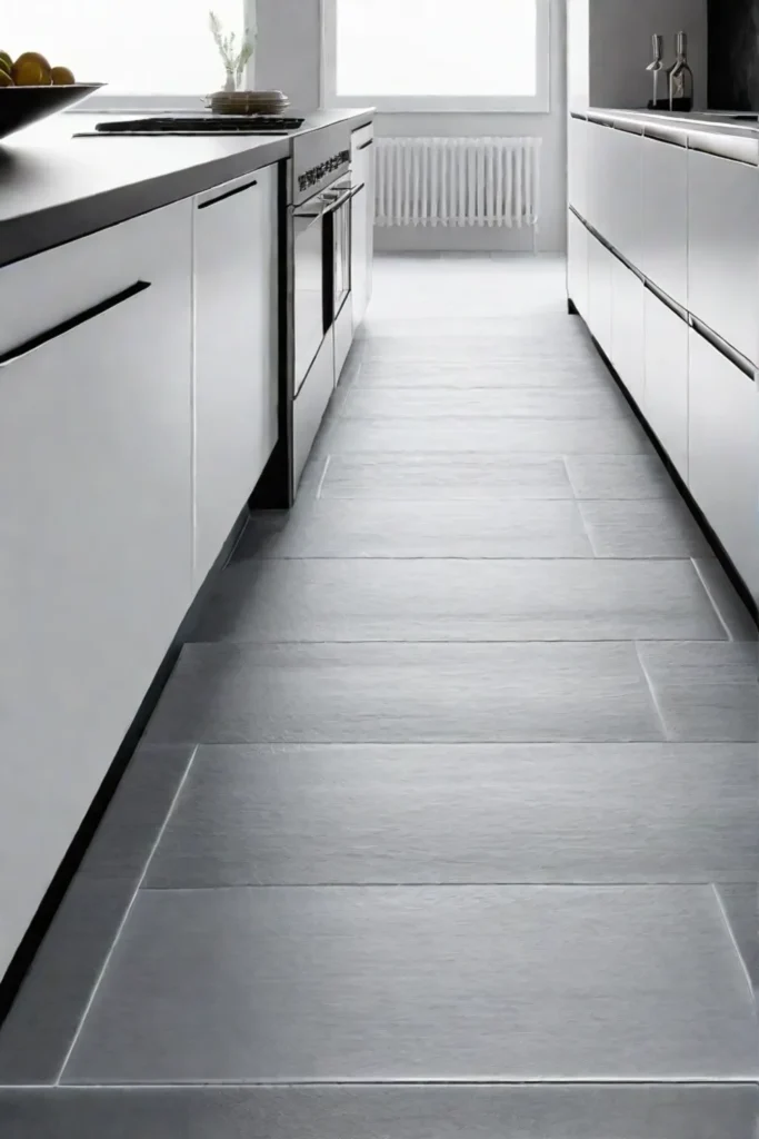 Closeup of textured tile flooring in a modern kitchen