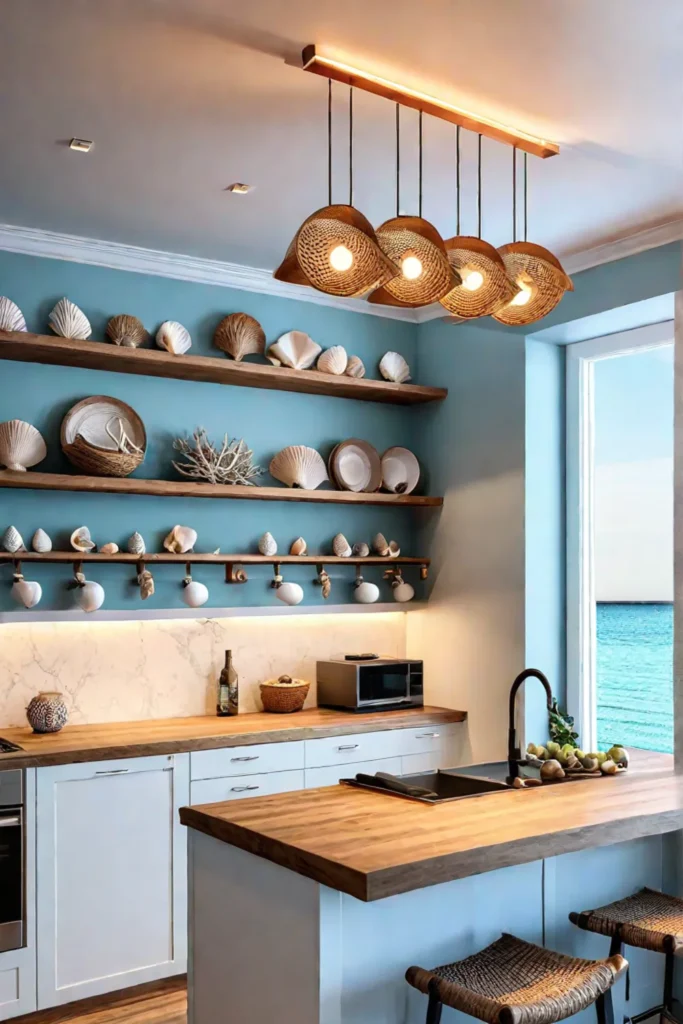 Coastal kitchen with hanging pot rack and beachinspired decor