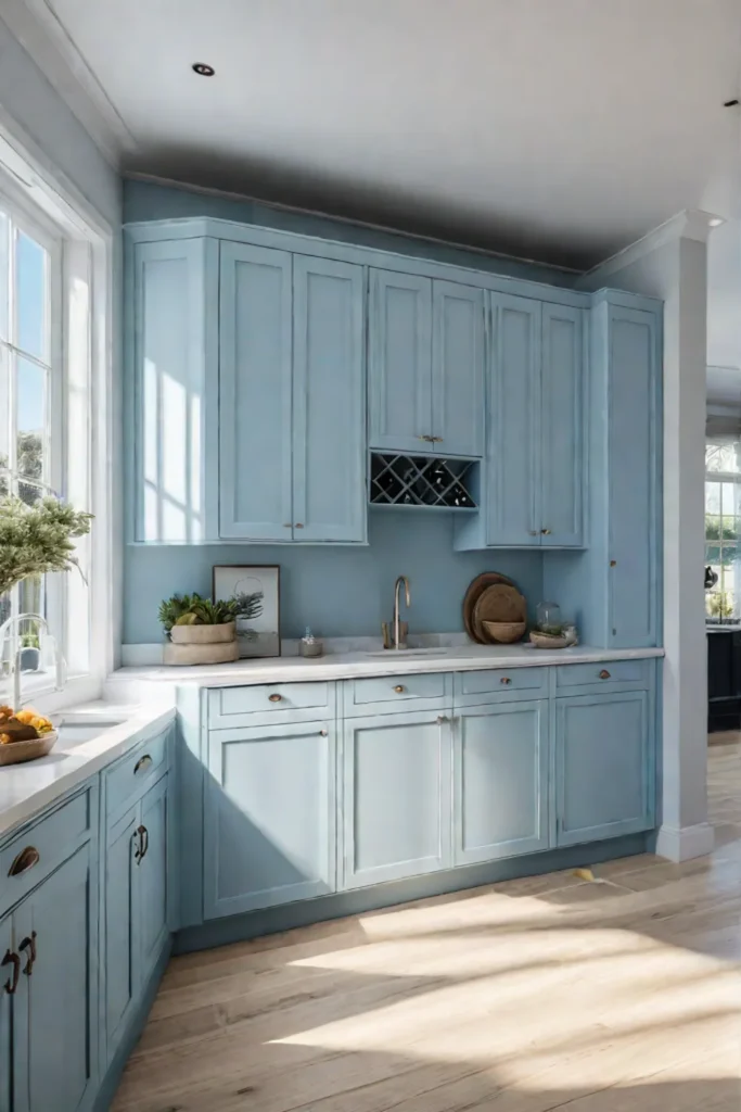 Coastal kitchen with light blue cabinetry whitewashed wood flooring and nautical decor