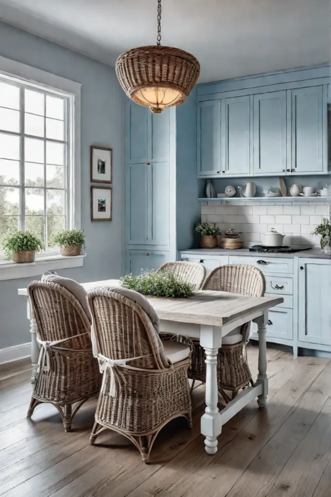 Coastal kitchen with whitewashed dining table and wicker chairs