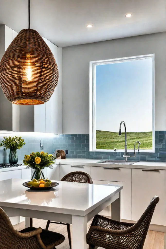 Coastal kitchen with woven pendant light