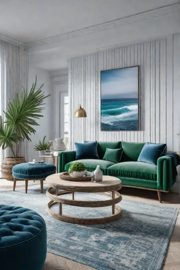 Coastal living room with beachy decor and driftwood accents