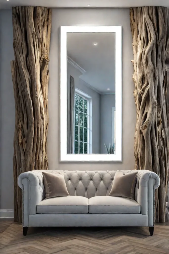 Coastal living room with driftwood mirror and seashell wall art