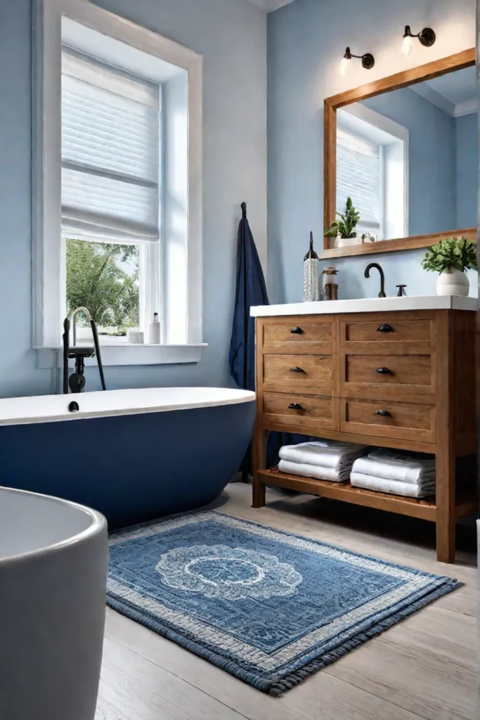 Coastal small bathroom with woven rug