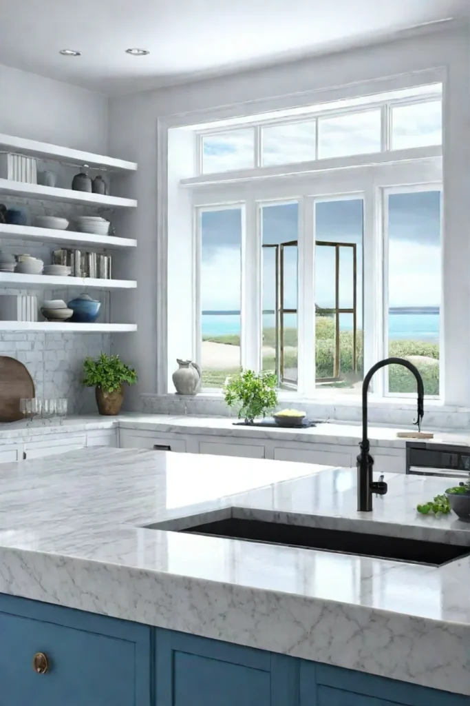 Coastalinspired kitchen with light blue quartz countertops