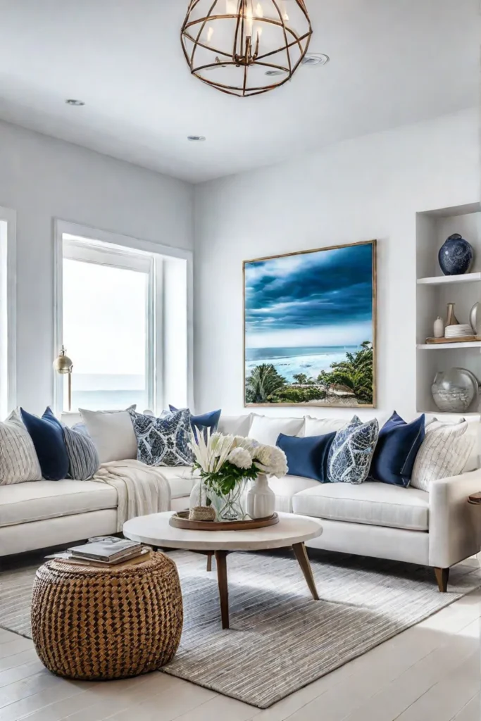 Coastalinspired living room with nautical accents and a light color palette