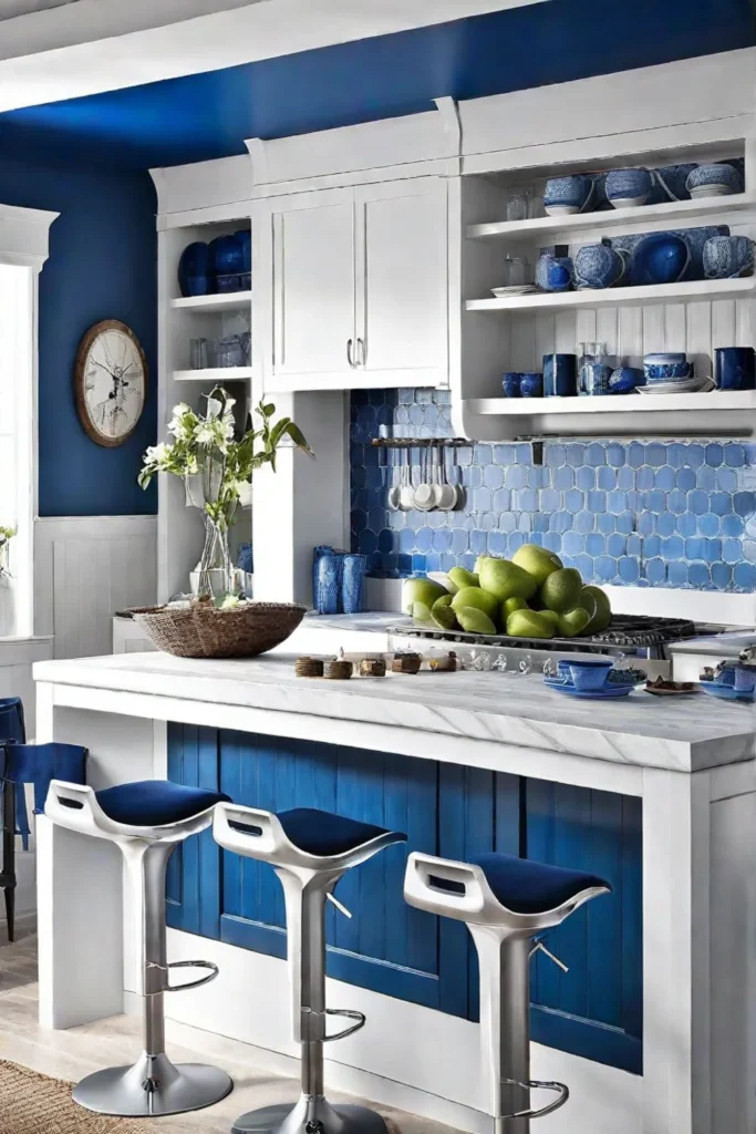 Coastalinspired luxury kitchen with whitewashed cabinetry and blue accents