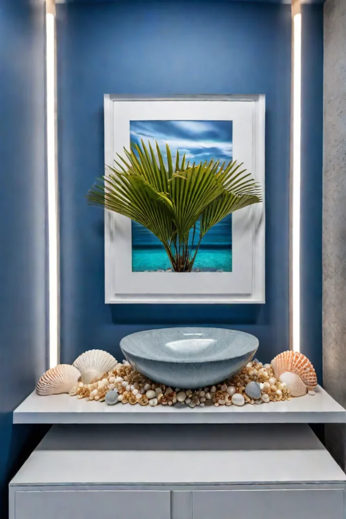 Coastalthemed bathroom with seashells and coral display