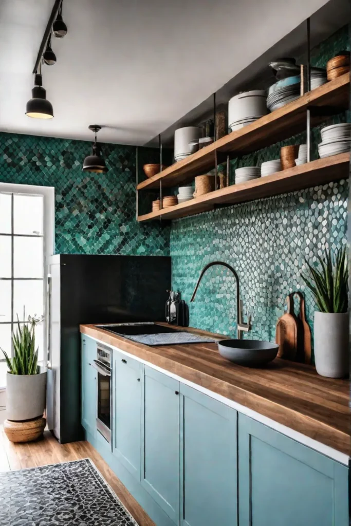 Colorful mosaic tile backsplash with patterns in a bohemian kitchen