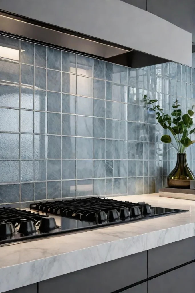 Combined glass and stone tile backsplash in a transitional kitchen