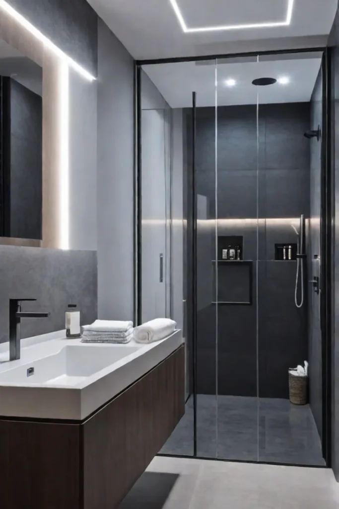 Compact bathroom with clean lines smart storage solutions and a touchless faucet