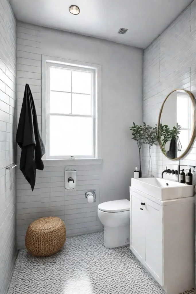 Compact bathroom with corner shower and pedestal sink