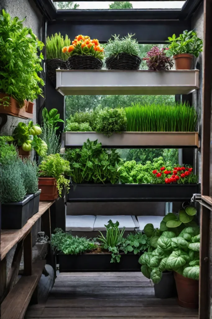 Container garden on a balcony with thriving herbs and vegetables