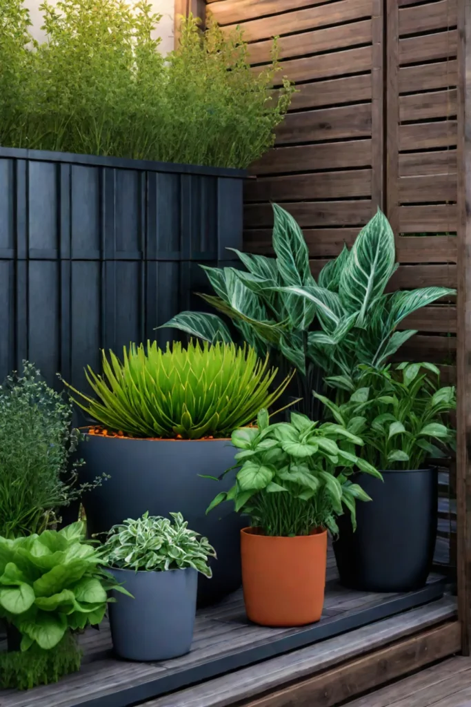 Container garden on a patio with colorful vegetables and herbs