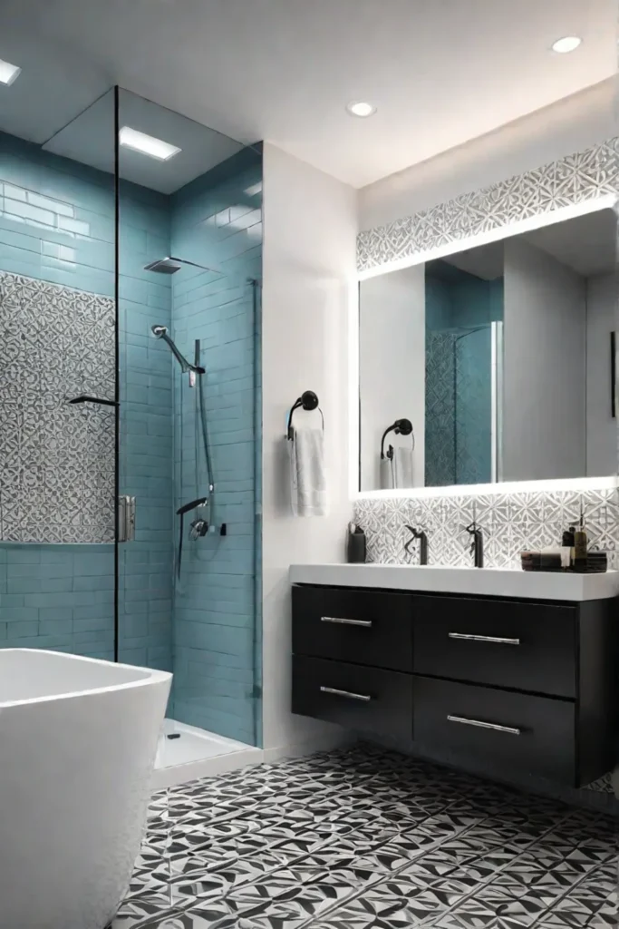 Contemporary bathroom with black and white color scheme and geometric tile floor