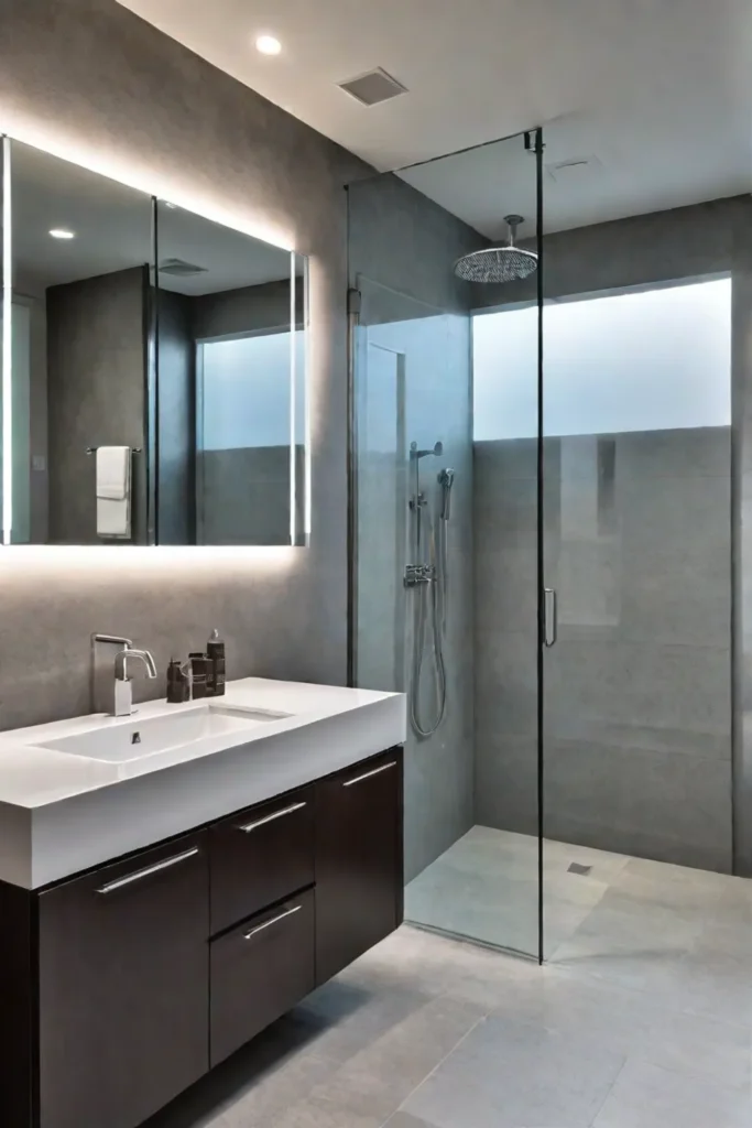 Contemporary bathroom with dark wood vanity and lighted mirror