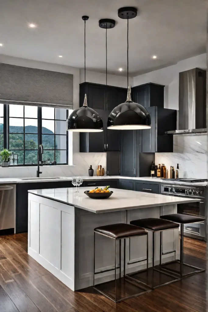 Contemporary kitchen with geometric pendant lights