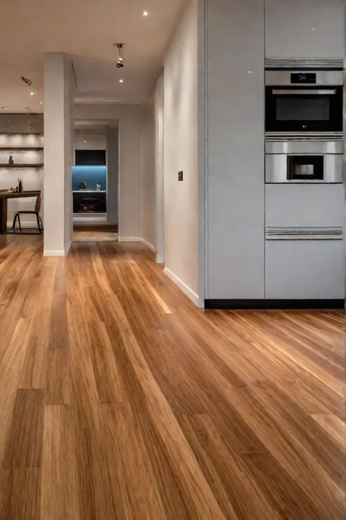 Contemporary kitchen with honeycolored bamboo flooring