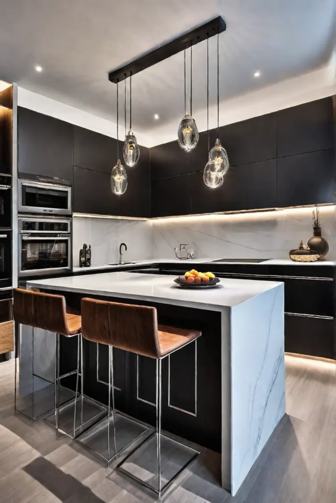 Contemporary kitchen with linear pendant light