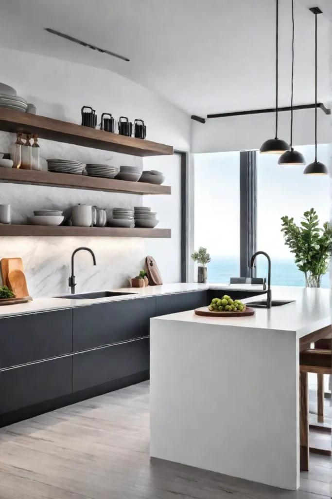 Contemporary kitchen with minimalist hanging pot rack and shelves