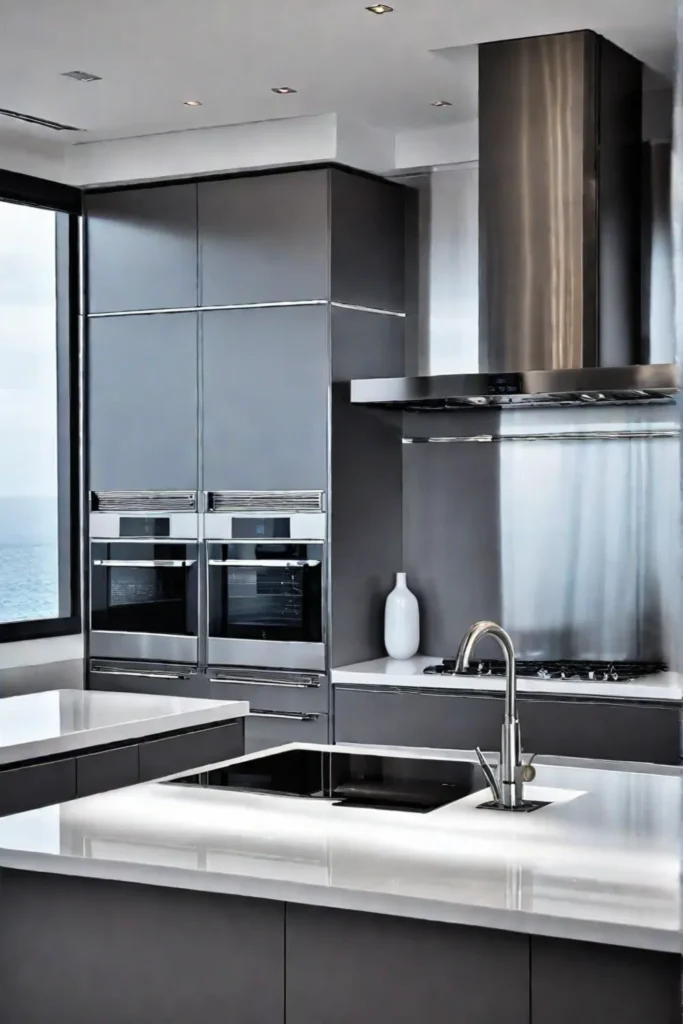 Contemporary kitchen with stainless steel appliances highgloss cabinetry and minimalist lighting