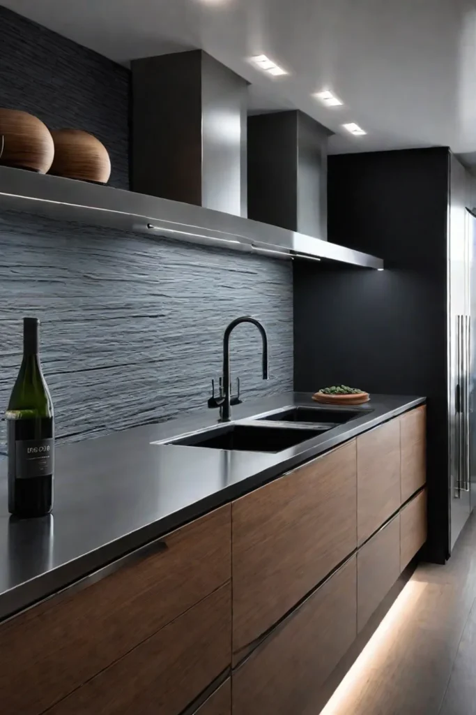 Contemporary kitchen with stainless steel cabinets waterfall countertop and undercabinet lighting