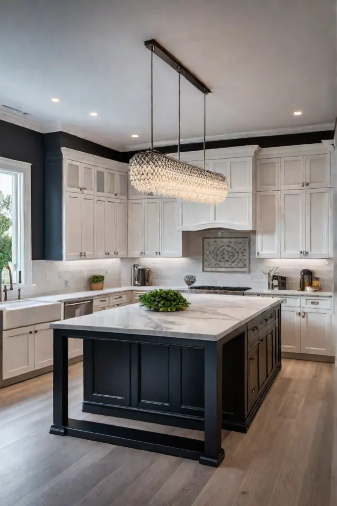 Contemporary kitchen with warm ambient lighting from recessed lights and a chandelier