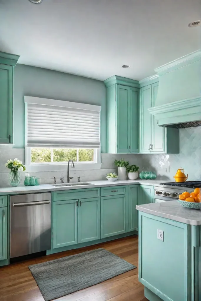 Cooltoned kitchen with mint green and seafoam blue colors stainless steel appliances